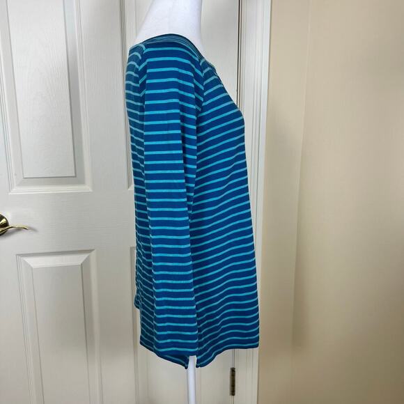 L.L. Bean 100% Pima Cotton Square Neck Long Sleeve Top Blue Turquoise Stripe MED - Picture 2 of 6